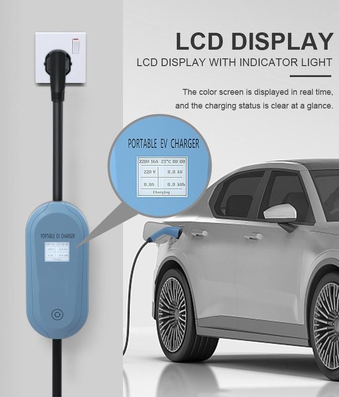 समायोज्य पोर्टेबल इलेक्ट्रिक वाहन चार्जर 220V 16A 3.5kw एलसीडी संकेतक प्रकाश