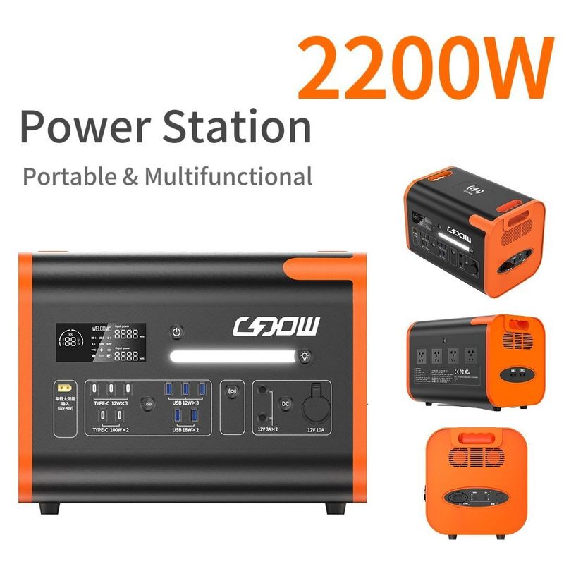 आपातकालीन आउटडोर 2200W पोर्टेबल पावर स्टेशन के साथ प्रकार-सी 3*18W/2*100W नारंगी काला